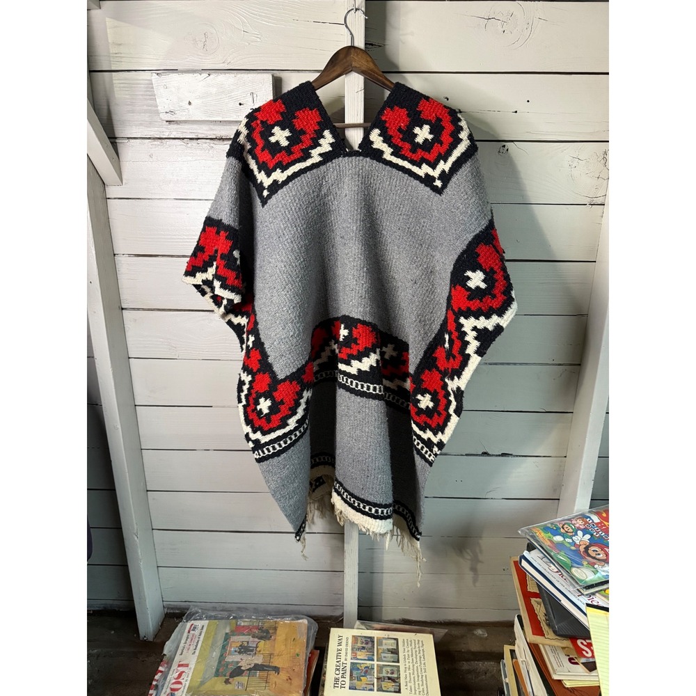 Vintage Mexican Poncho Southwestern Geometric Woven Fringe Cloak Gray Red Mens